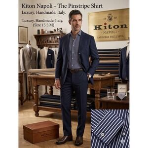Kiton Napoli Men's Dress Shirt 15.5 M Blue Striped Handmade Italy Cotton Luxury